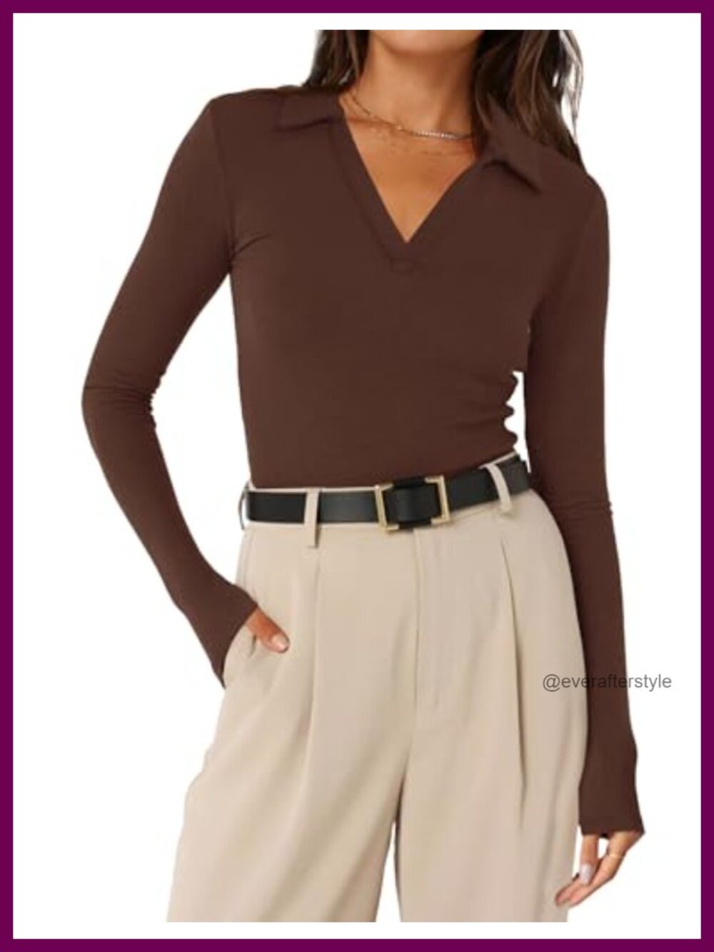 Womens Long Sleeve V Neck Collared Polo Shirt Slim Fit Business Casual Work Top